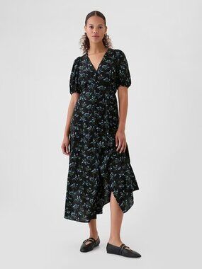 GAP Black Floral V-Neck Button-Front Midi Dress Size Petite Large